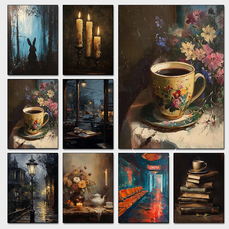 Moody Vintage Nachtzeit Poster Flackernde Kerzen Wüste Kino Wald Drucke Leinwand Malerei Wand Bilder Home Room Decor