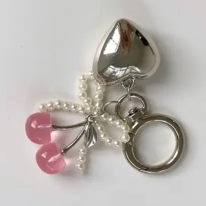 3D Kristall Kirsche Schlüsselanhänger Perle Schleife Silber Herz Anhänger Schlüsselanhänger Damen Tasche Zubehör Geschenke Image