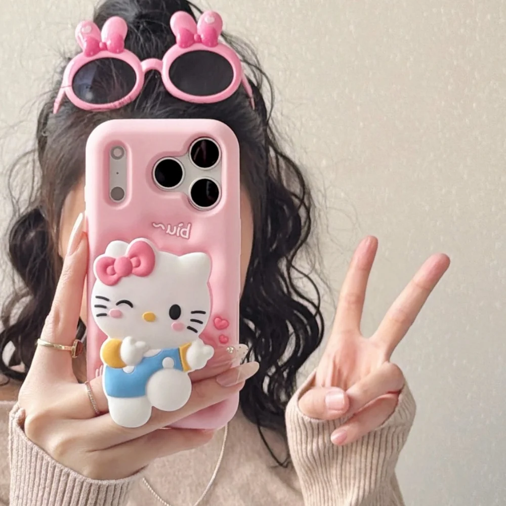 Rosa Niedliche 3D KT Head Grip Tok Halter Handyhülle für iPhone 17 Pro Max 16 Pro 15 Pro 14 Plus 13 12 17 Pro Stoßfeste Handyhülle Image