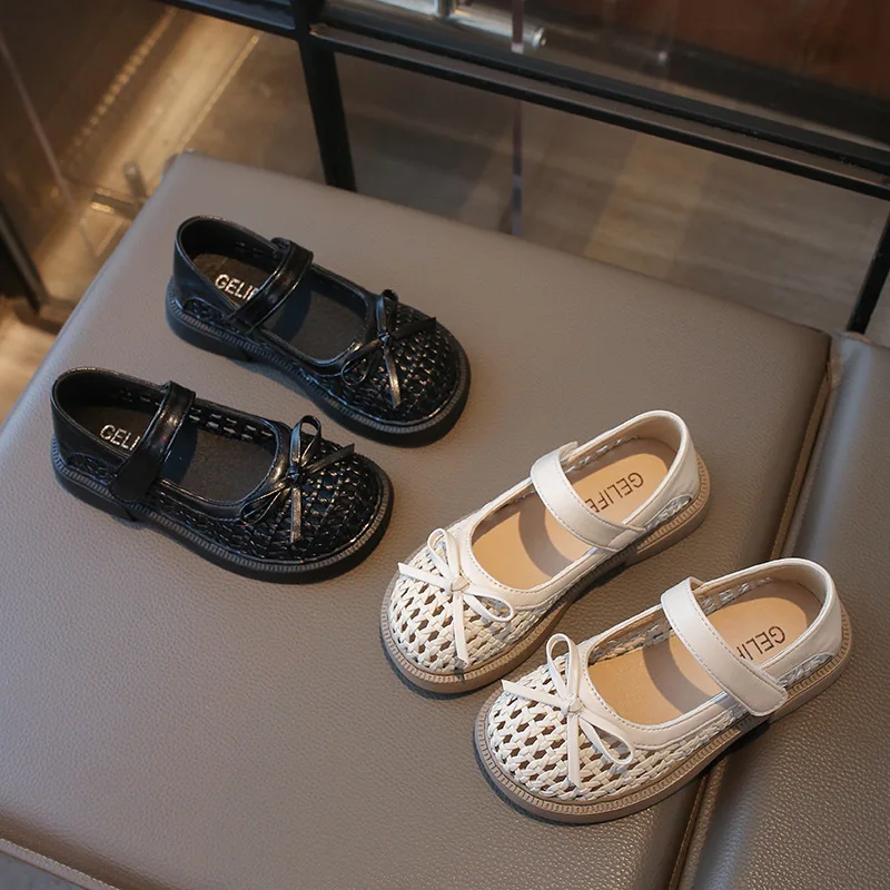 2026 Bestseller Kinderleder-Schuhe mit Lochmuster und Flechtdesign, Mädchen Mary Jane Schuhe mit Schleifendekoration, Modische Flache Kinderschuhe
