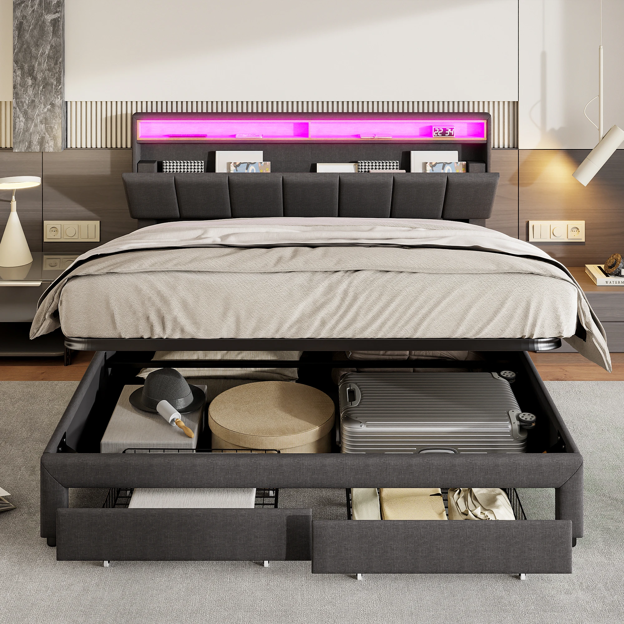 Gepolstertes Bett, Bettgestell 180x200 cm, mit LED- und USB-Anschlüssen, 2 Schubladen, Lattenrost und Kopfteil Image