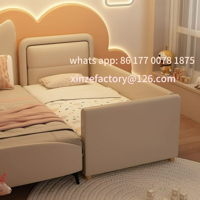 Anpassbares Massivholz-Kinderbett mit weicher Polsterung, Queen-Size-Bett, Kinderbettgitter, Jungen- und Mädchenbett, Babybett, verbreitertes Beistellbett Image
