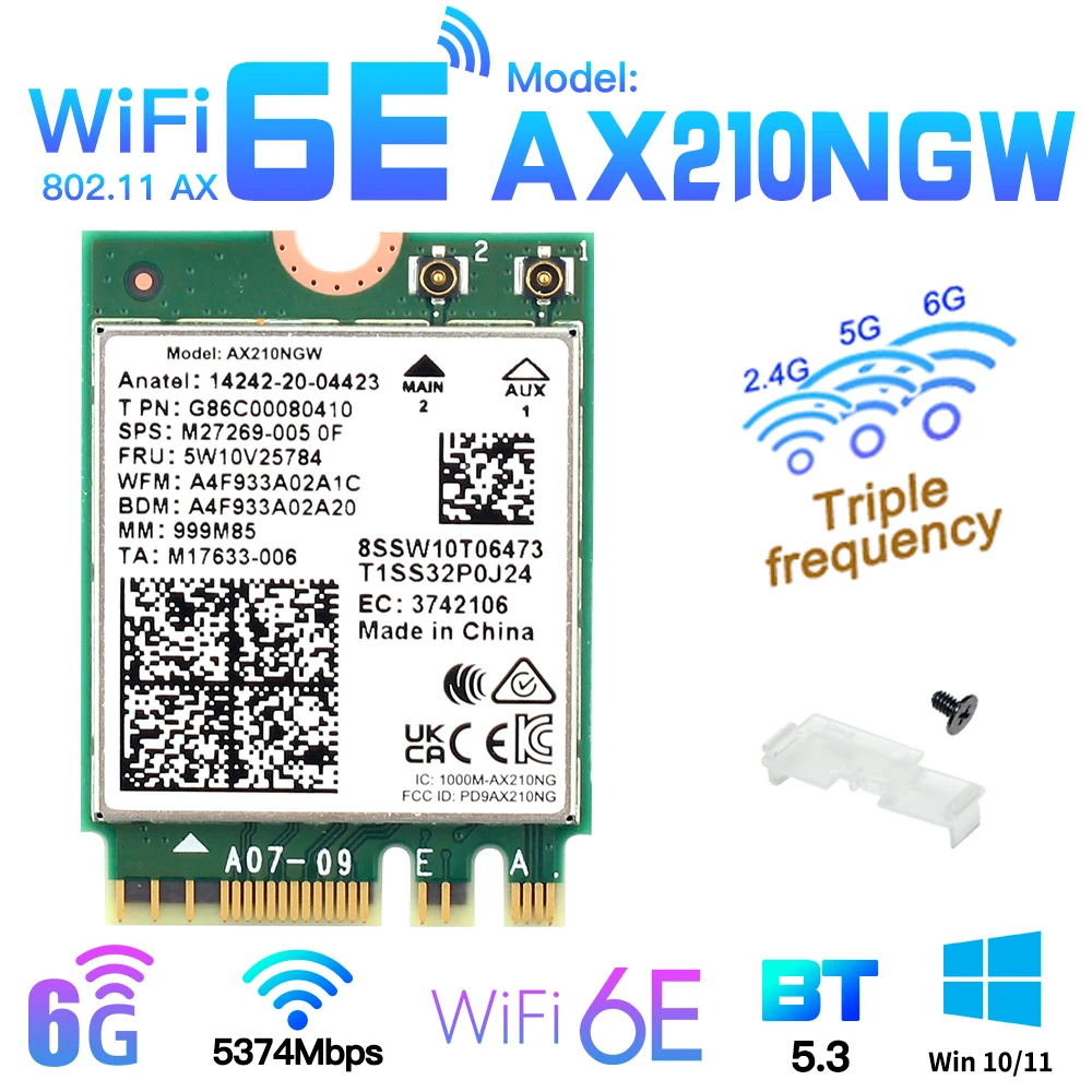 Scheda di Rete Wireless Tri-Band Wi-Fi 6E AX210 M.2 NGFF 5374Mbps per Intel AX210NGW 2.4G/5G/6Ghz 802.11ax Bluetooth 5.4 Win 10/11