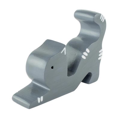 Stretching Cat in Grey,'Hand-carved Grey Wood Cat Phone Holder'