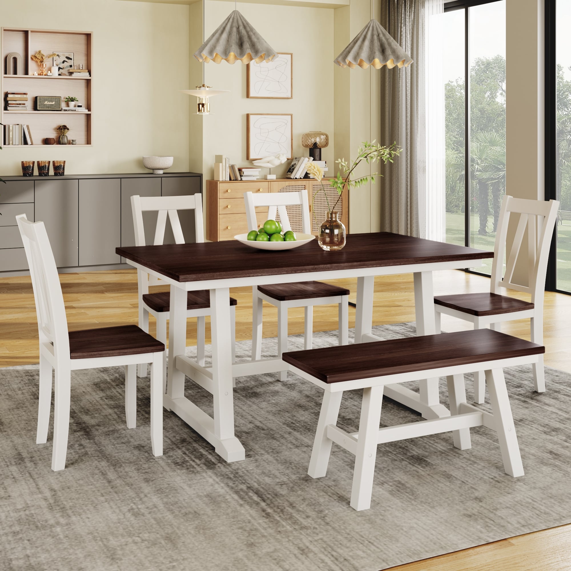 Roomfitters 6-Piece Dining Table Set, Rectangular Trestle Wood Table, 4 A-back Chairs & Bench, Modern Farmhouse