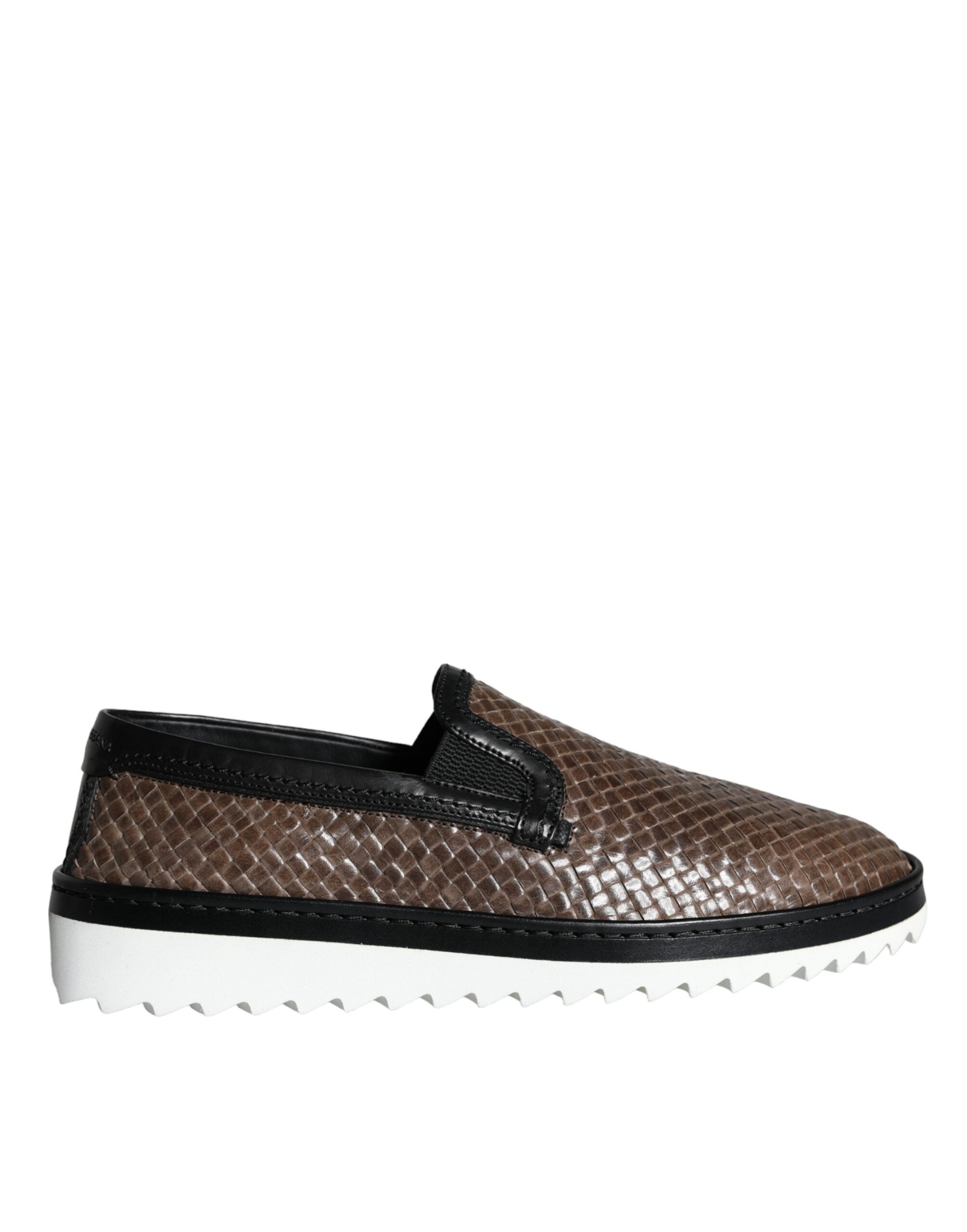 Dolce & Gabbana Braune Schwarze Leder Geflochtene Herren Slipper Schuhe