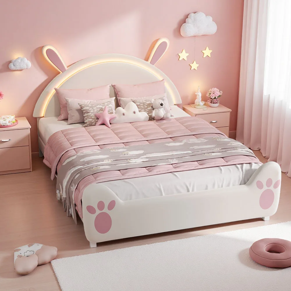 Comanlai Mädchenbett, Kinderbett mit Hasenohren-Kopfteil und Lattenrost, LED-Prinzessinnenbett, Weiß 140x200cm, 90x200cm Image