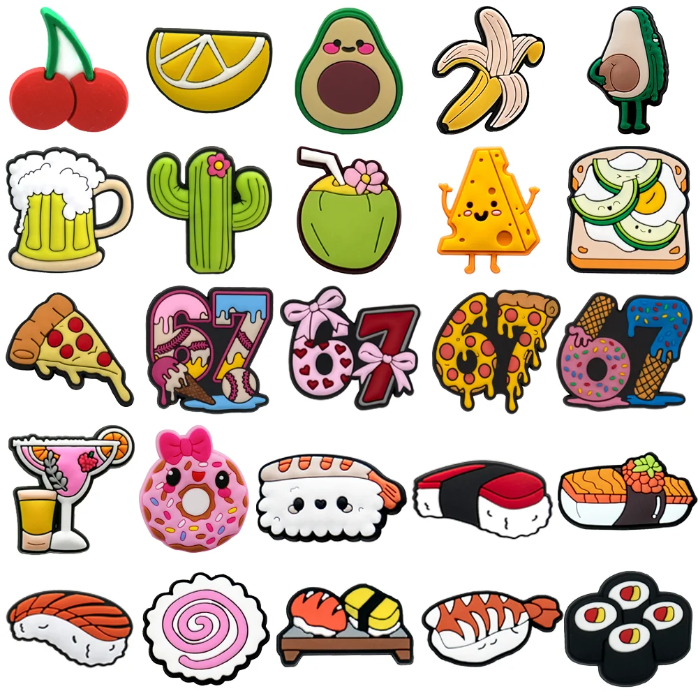 67-teiliges Snack-Themen-Schuh-Charms-Set (1-25 Stück), Käse-Pizza-Clog-Pins für Sandalen, Sushi-Donut-Accessoires zur Schuhdekoration