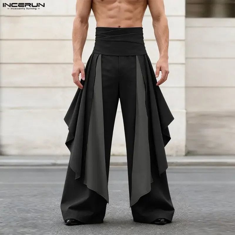 INCERUN Herren Unregelmäßige Hosen Patchwork Hochgeschnittene Jogginghose Weites Bein Streetwear Lose 2026 Rüschen Mode Lange Hosen Image