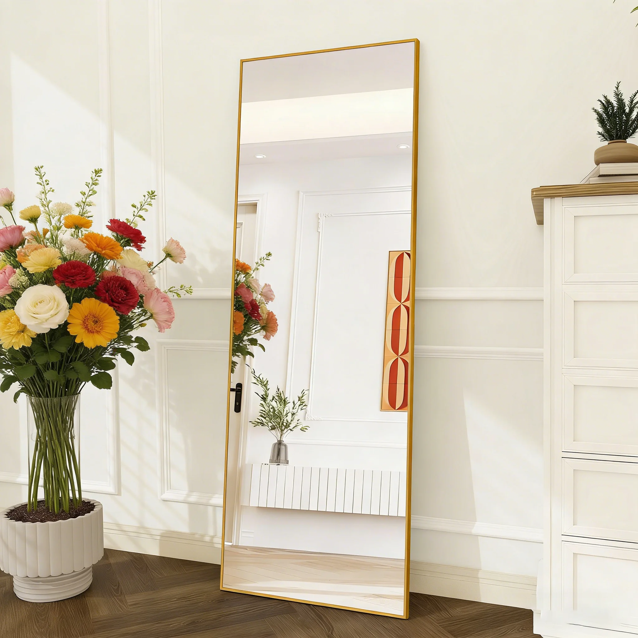 Superaly 164 x 54 cm Ganzkörperspiegel, Standspiegel zum Aufhängen oder Anlehnen an die Wand, Bodenspiegel für Ankleidezimmer, Gold