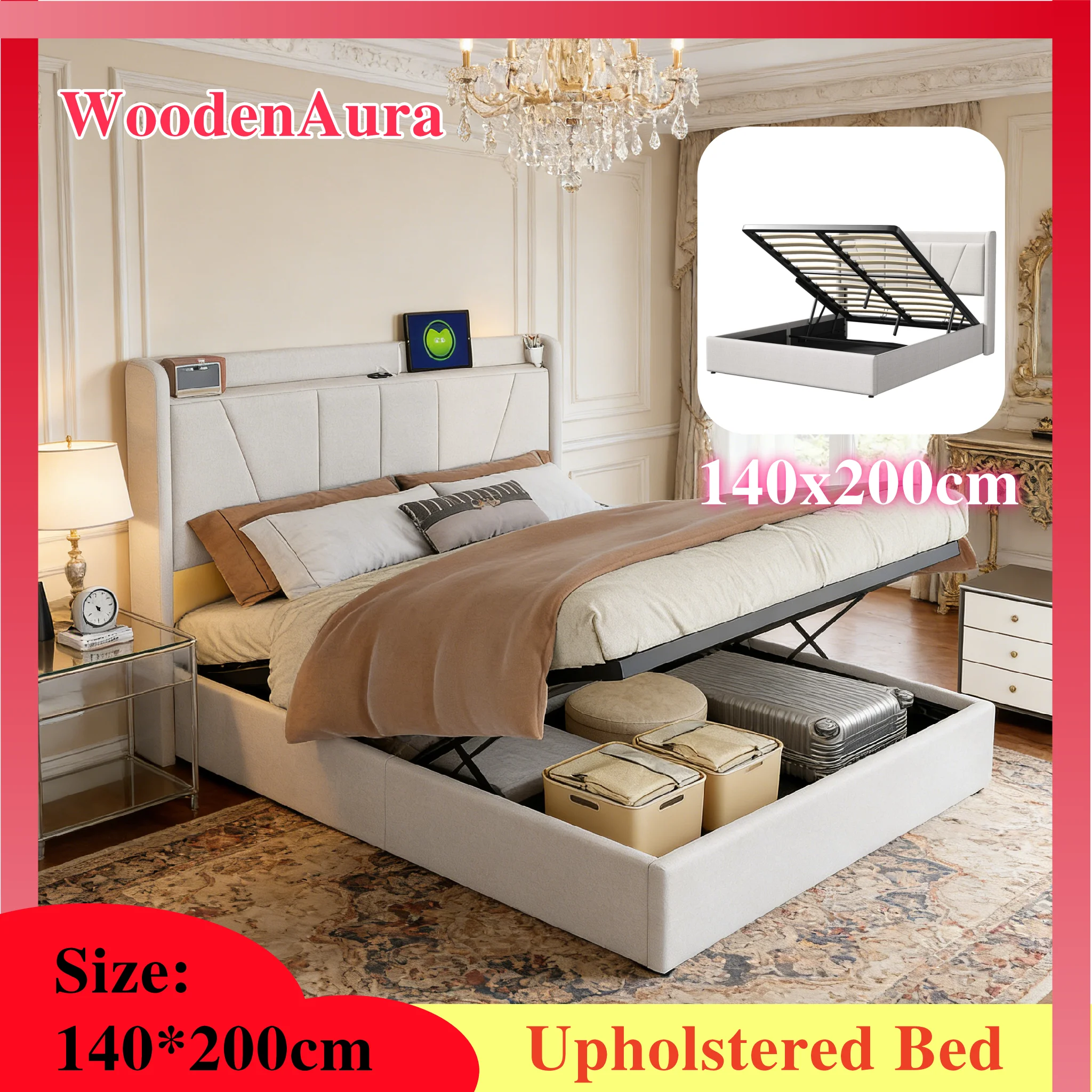 WoodenAura 140x200cm Bett mit 2 USB-Anschlüssen + 1 Typ-C-Anschluss, gepolstertes Bett aus beigem Leinenstoff, pneumatisches Stauraumbett, Jugendbett