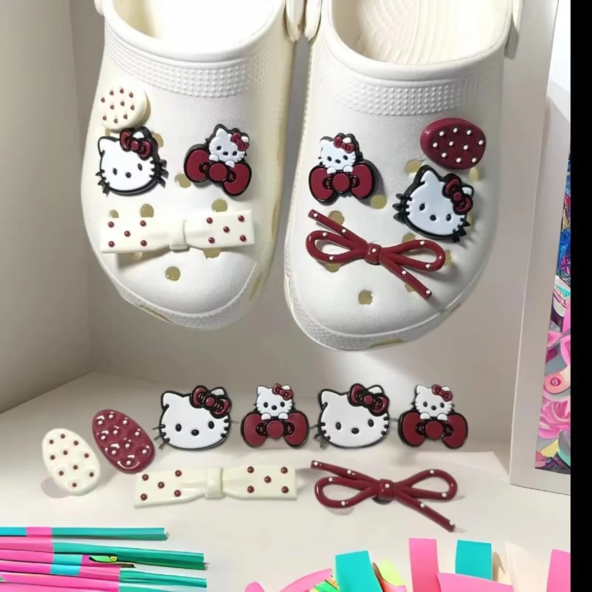 [Ohne Schuh] Neue Niedliche Schuhblumen-Cartoon-DIY-Accessoires Süße Schleife Hello Kitty Schuh-Charms Abnehmbare Schnalle Schuh-DIY-Zubehör