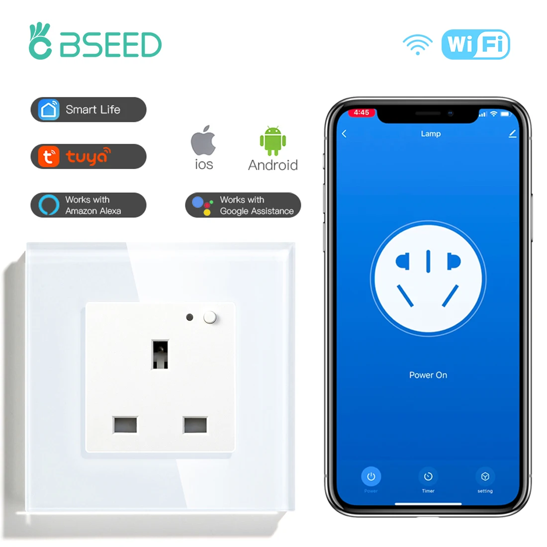 BSEED UK Standard Steckdose Wifi Smart Leben App Control Google Alexa Smart Buchse Einzigen Intelligente Steckdose 13A Glas Panel Image