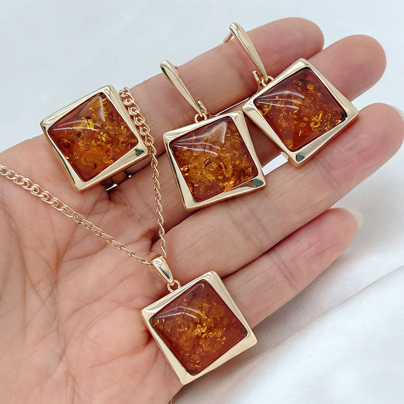 Kinel Hot Square Amber Ring Ohrringe Halskette für Damen, modisch, 585er Roségold, natürlicher Zirkon, tägliches Vintage-Schmuckset Image