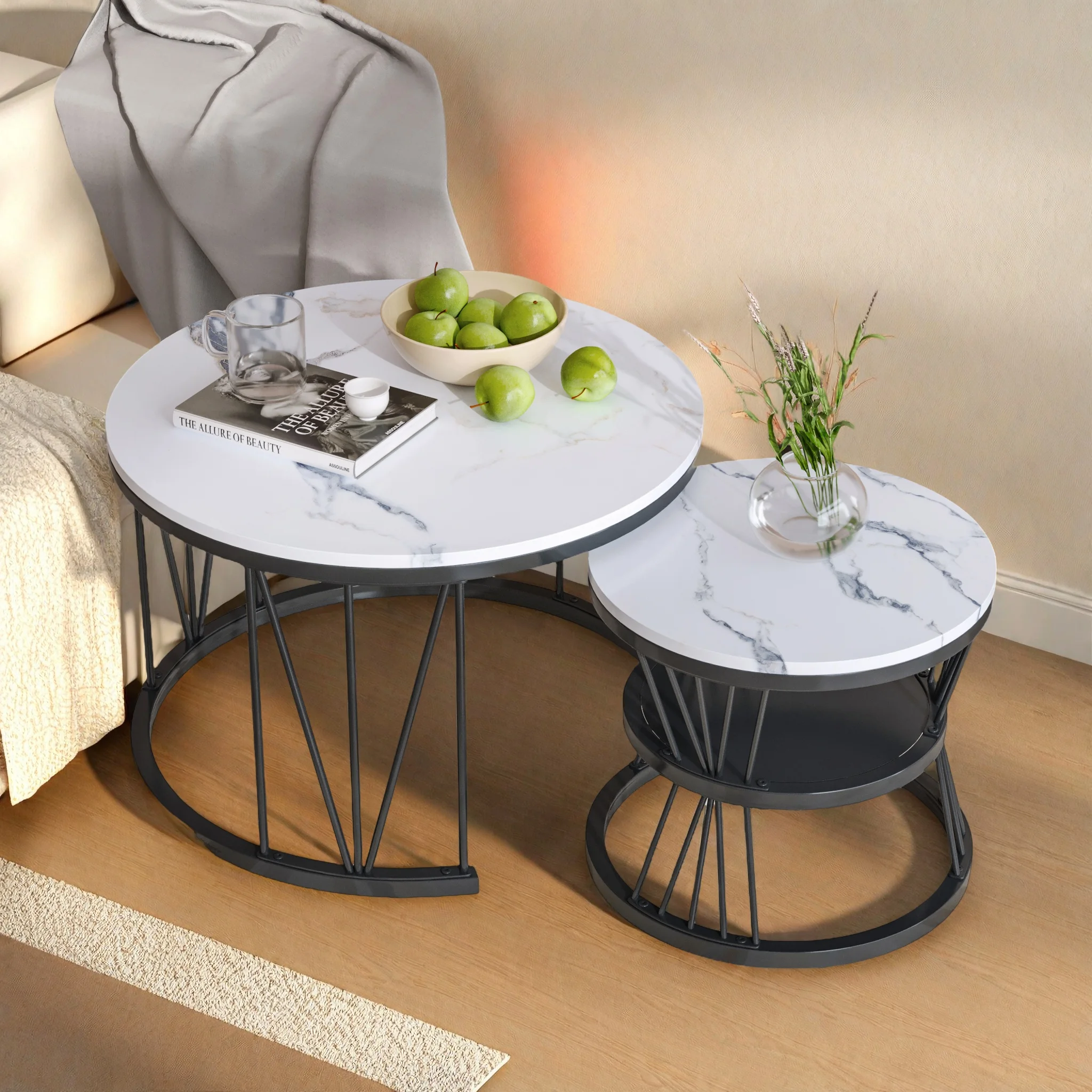 Anajqaqia Set aus 2 Beistelltischen, Couchtischen, Moderner Runder Wohnzimmer-Beistelltisch, mit Stauraum und Goldenem Metallrahmen