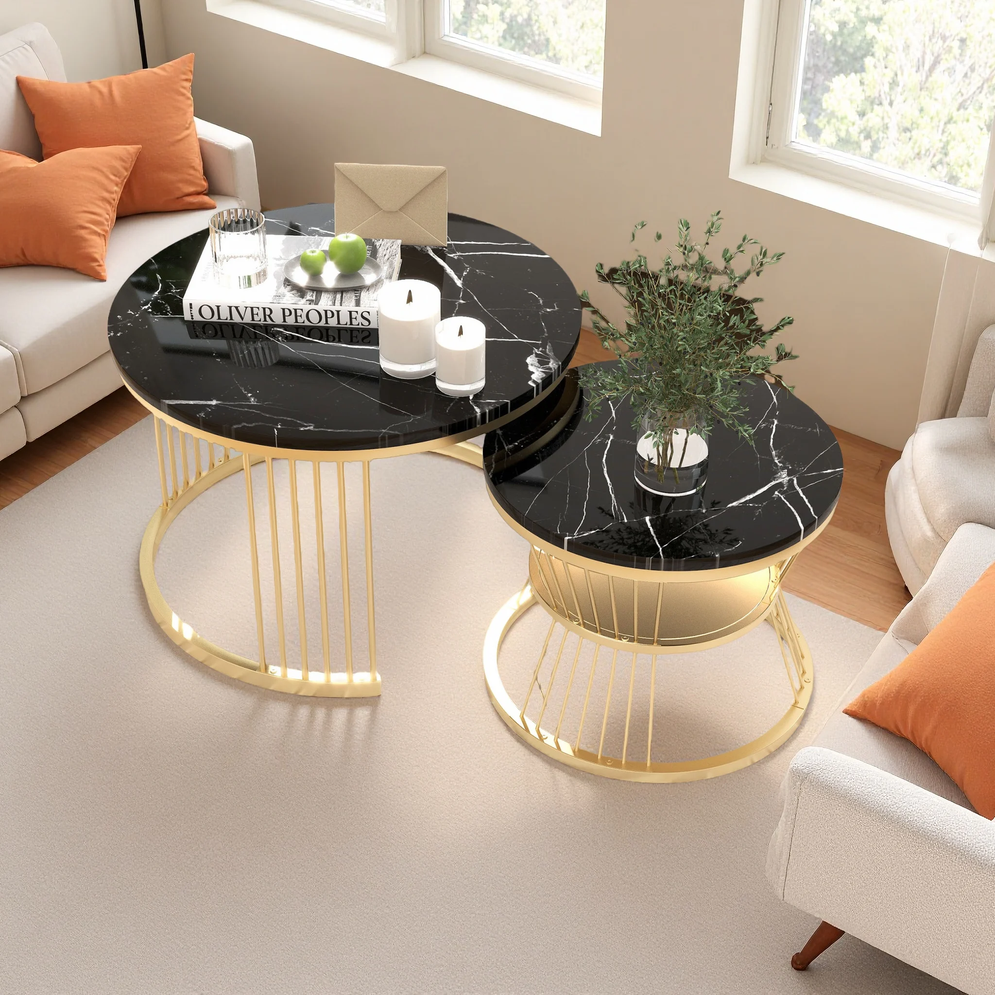 Anajqaqia Couchtisch-Set, Marmor-Furnier Sofa-Beistelltische, Runde Beistelltische, 2er-Set Moderne Ineinander Stellbare Couchtische, Schwarz