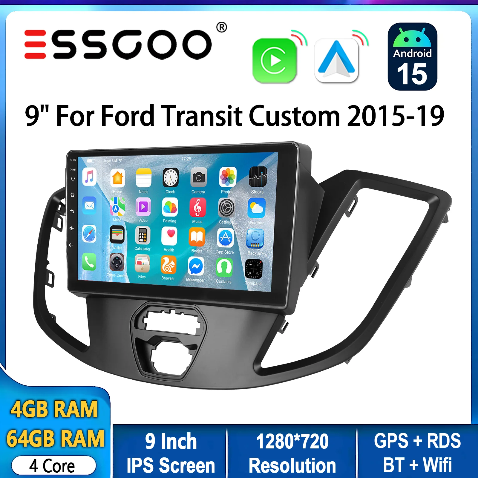 ESSGOO 9-Zoll Android 15 2+32G/4+64G Autoradio für Ford Transit 15-19 mit Wireless CarPlay, Android Auto, GPS-Navigation, WLAN, FM, USB, RDS, BT Image