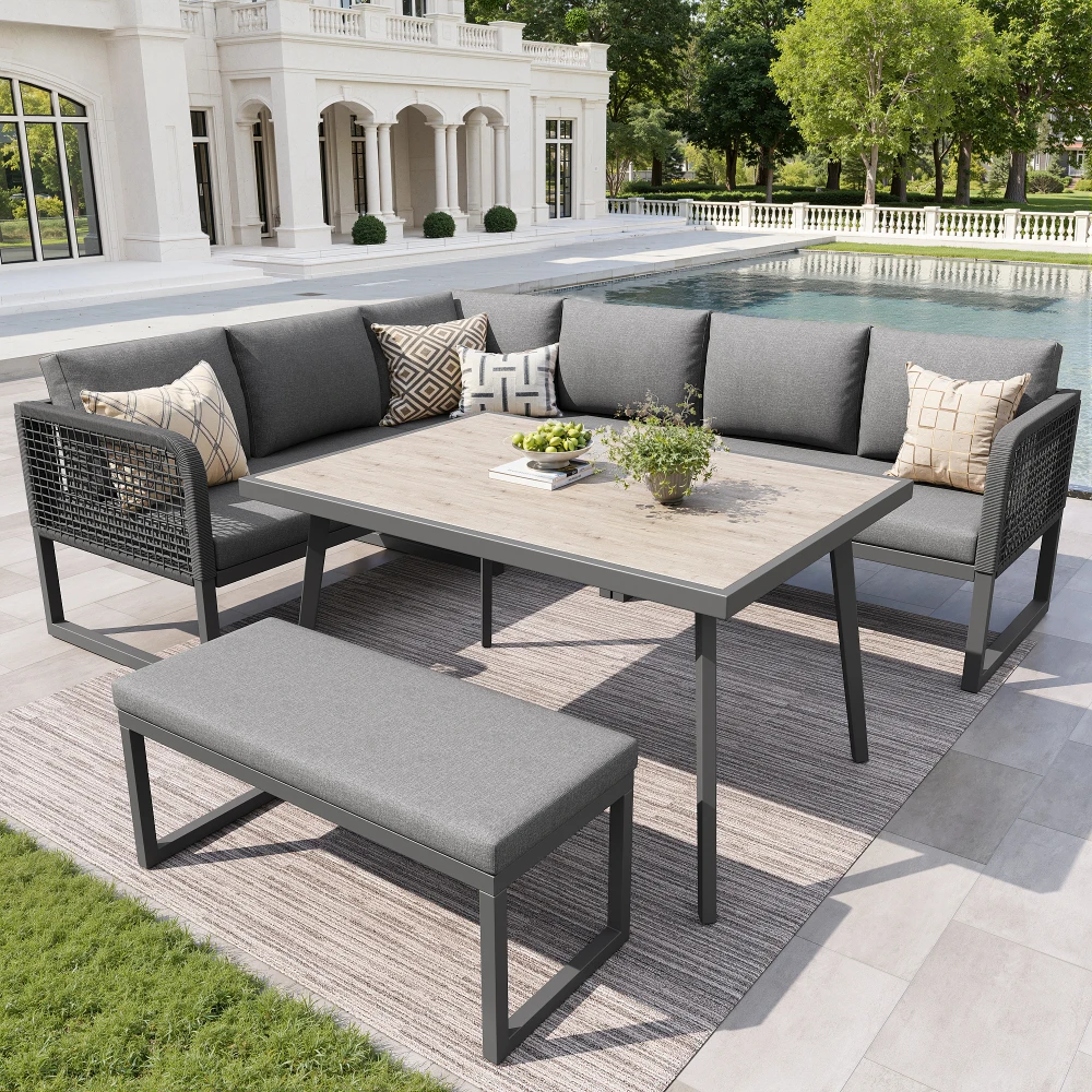 Gartensofa mit Hochwertigen Sitz- und Rückenkissen, Lounge-Sessel für 6-8 Personen, Set aus Handgeflochtenem PE-Rattan-Polster
