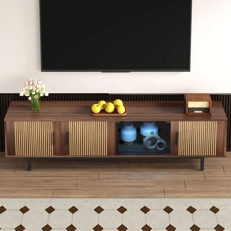 TV-Schrank, Lowboard mit geschnitzter Textur, TV-Einheit mit LED-Lichtleiste und Tür aus gehärtetem Glas. 200*35*53 cm Image