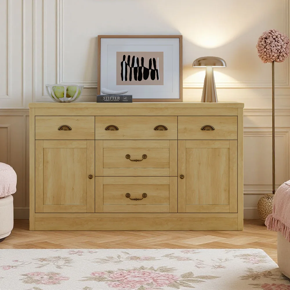 Comanlai Vitrine Dekoratives Regal, Holz-Sideboard Niedriges Aufbewahrungsmöbel, Kommode mit 2 Türen und 5 Schubladen Image