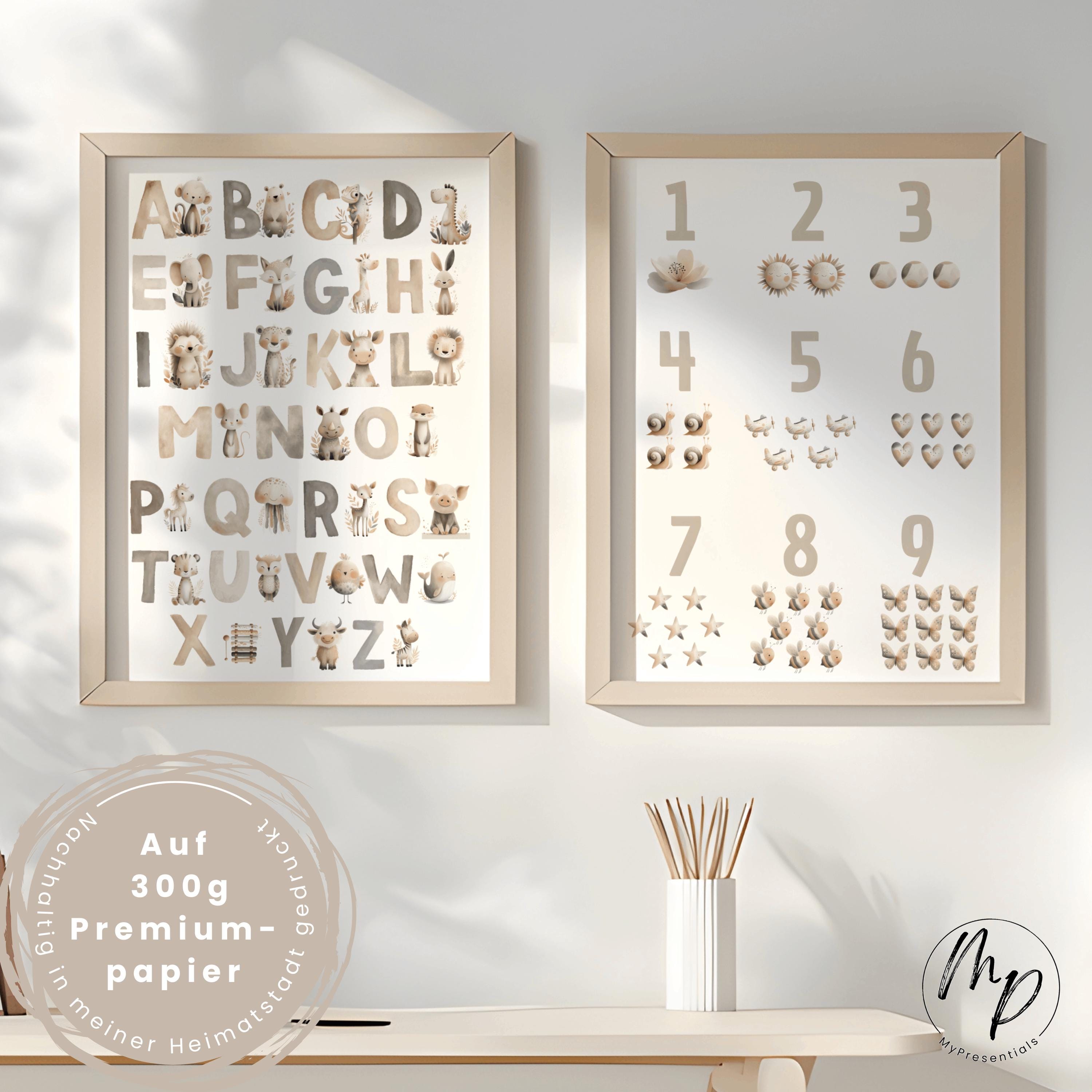 Set di 2 poster ABC e numeri con animali acquerellati per la cameretta dei bambini - Poster didattici per la scuola primaria - Imparare l'alfabeto, le