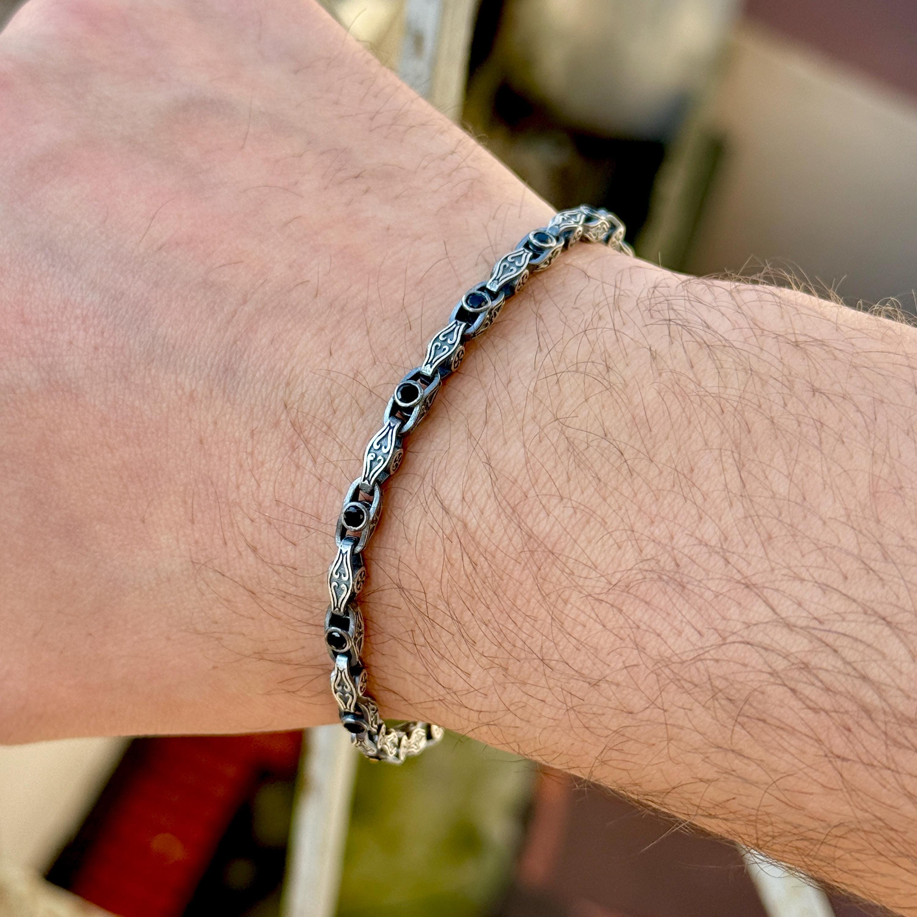 Bracciale a catena in argento 925 con onice nero inciso, bracciale a catena bizantina, bracciale a catena di Bali, catena da uomo in argento sterling