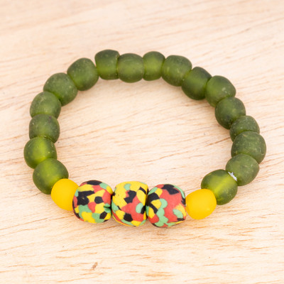Watercolor Bright,'Recycled Glass Beaded Stretch Bracelet with Colorful Pendant'