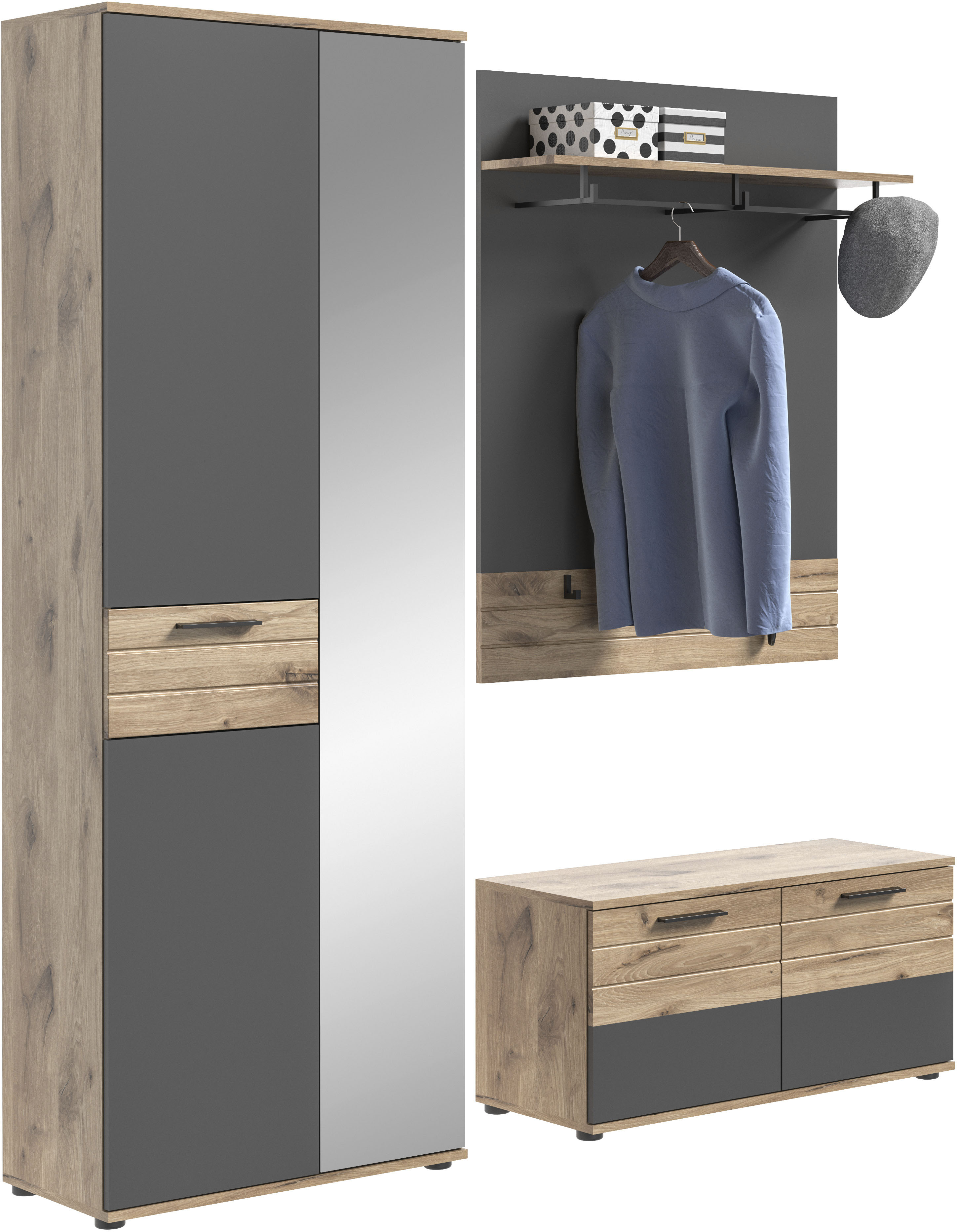 Garderoben-Set HOME AFFAIRE "Riga, Breite 175 cm, hochwertige Rillenfräsung, 3-teilig, best. aus:", grau (nox oak nb, basalt grau nb, nox oak mdf tz), B:175cm H:200cm T:38cm, Kastenmöbel-Sets, Garderobenschrank, Sitzbank, Paneel Image