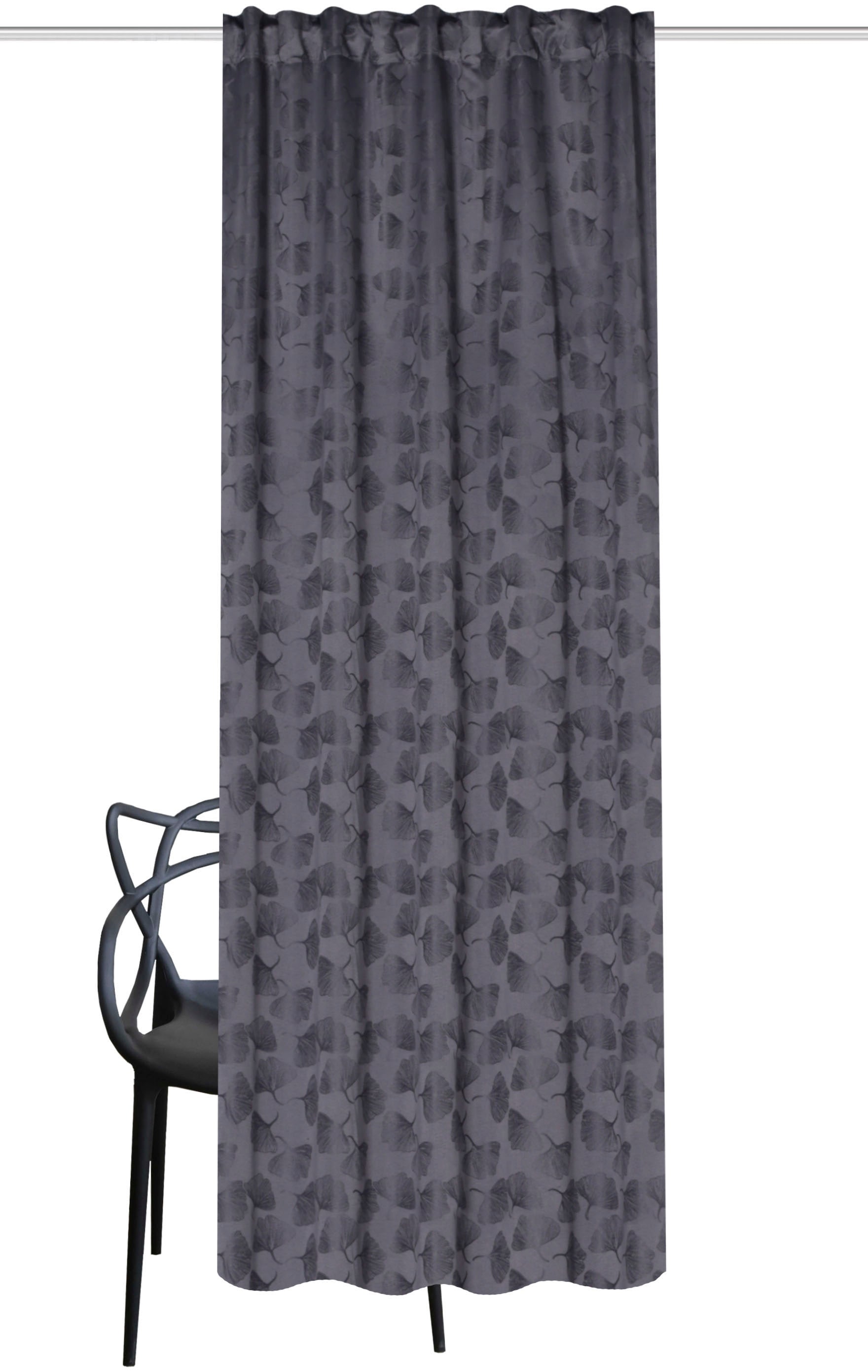 Vorhang HOME WOHNIDEEN "GINGKO" Gr. 3, grau (anthrazit), B:135cm H:225cm, Polyester, Gardinen, Verdunkler, jacquardgemustertes Gingko-Blatt-Motiv, 100% verdunklend Image