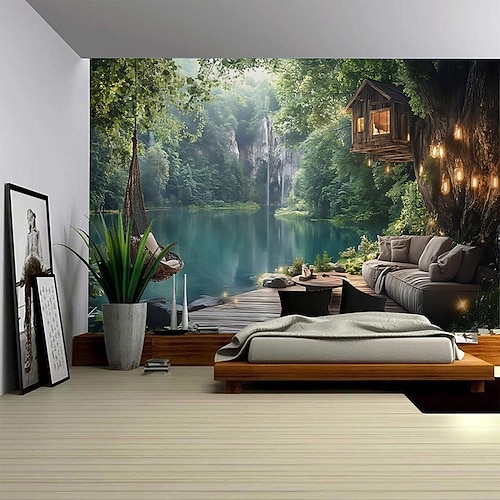 Moderner Wandteppich mit See-, Wald-, Wasserfall- und Bootsmotiv, digitaler Druck, malerischer Wandbehang für Schlafzimmer, Wohnzimmer, Studentenwohnheim, Heimdekoration, Fotohintergrund Image