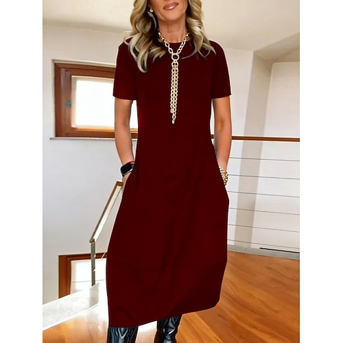 Damen Midikleid Weißes Kleid Freizeitkleid Elegant Mode Modern Outdoor Urlaub Ausgehen Normale Passform Einfach Kurzarm Rundhalsausschnitt Schwarz Weiß Burgunderrot Marineblau Sommer Frühling Herbst Image