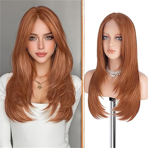 Braunblonde Perücke mit Curtain Bangs – Lace-Front-Haaransatz, Mittelscheitel, lange gestufte, natürlich wirkende, glatte Kunsthaarperücke für Damen, ideal für Alltag und Partys, 61 cm (24 Zoll), Image