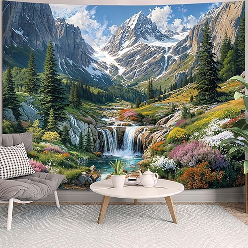 3D-Wandteppich mit Naturmotiv: Fensterblick, ruhiger See, Bergwaldlandschaft, Blumengarten, Dekoration für Schlafzimmer, Wohnzimmer, Wandbild Image