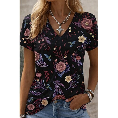 Damen-T-Shirt mit episodischem Zeichenmuster, grafischem Buchstabenprint, Vintage-Stil, klassisch, Kurzarm, V-Ausschnitt, normale Passform, geeignet für Alltag, Sport, Ausgehen, Schwarz, Sommer, Image