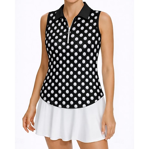 Damen Tupfen Sportshirt Tennis-Poloshirts Tanktops Ärmellos Reißverschluss Elastisch Schweißableitend Atmungsaktiv Volleyball Tennis Badminton Polokragen Tanktop Tank-Rückseite Schwarz Image