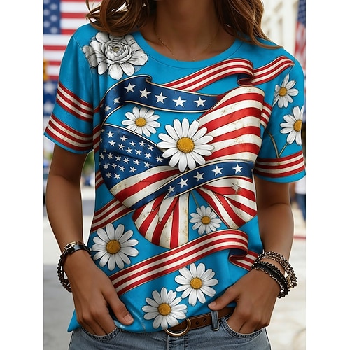 Amerikanischer Unabhängigkeitstag Damen T Shirt T-Shirt Druck Blumen Grafik Flagge Stilvoll Klassisch Lässig Kurzarm Rundhalsausschnitt Normale Oberteile Täglich Ausgehen Wochenende Blau Leicht Blau Image