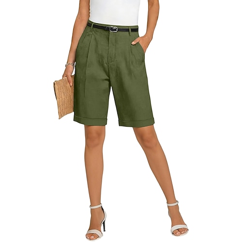 Damen Shorts Leinenshorts Schicke Shorts Sommershorts Mode Basic Formell Knielang Mittlere Taillenlinie Einfach Tasche Elastischer Bund Gerader Schnitt Leicht Bequem Atmungsaktiv Unelastisch Täglich Image