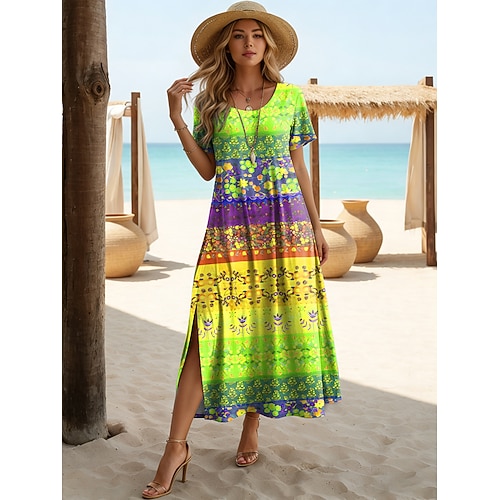 Damen Midikleid A Linie Kleid Lässig Täglich Strand Lässiger Schnitt Grafik Geometrisch Kurzarm Rundhalsausschnitt Blau Purpur Orange Grün Sommer Frühling Image
