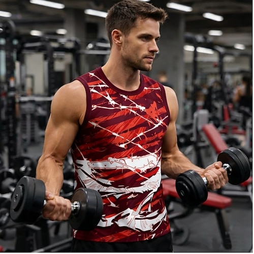Herren Grafik Geometrisch Workout-Tanktop Lauf-Tanktop Fitness-Tanktop Ärmellos Tanktop Sommer Schnelltrocknend Weich Atmungsaktiv Fitnesstraining Gehen Joggen Sportbekleidung Sportkleidung Gelb Rote Image