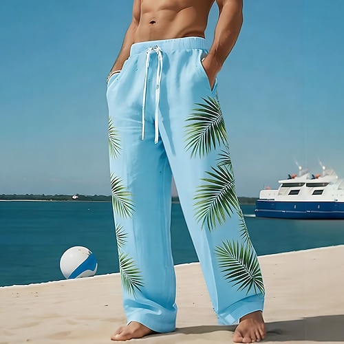 Herren Palmblatt Tropische Pflanzen Hose Freizeithose Baggy-Hosen Mittlere Taille Hawaiianisch Outdoor Urlaub Strandbekleidung Elastischer Kordelzug in der Taille Leinenähnliche Hose mit Taschen Image
