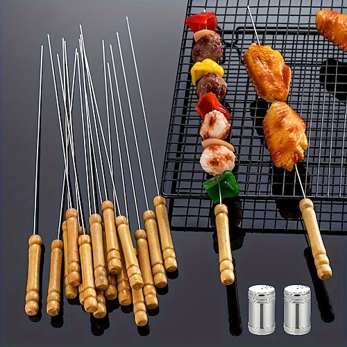 20 Grillspieße, multifunktionale Edelstahlspieße mit Holzgriffen, Grillnadeln, Grillzubehör für Hähnchenflügel und Fleischspieße im Freien Image