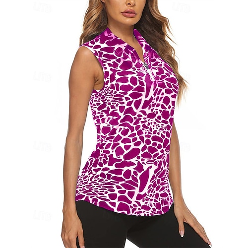 Damen Grafik Leopard Sporthemd Golf-Poloshirt Tennis Shirt Ärmellos Reißverschluss Hohe Elastizität Feuchtigkeitsableitend Atmungsaktiv Tennis Golfspiel Pickleball Umlegekragen Reißverschlusskragen Image