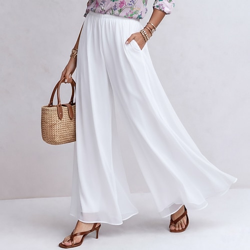 Damen Hose Freizeithose Sommerhose Elegant Mode Alltagstauglich Volle Länge Hohe Taille Einfarbig Einfach Weites Bein Hohe Teilung Elastischer Bund Komfort Leicht Weich Unelastisch Streetwear Arbeit Image