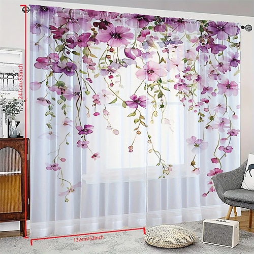 Nordische minimalistische Fenstergardinen mit botanischem Blumenmuster, 2-teiliges Set aus Polyester mit Stangendurchzug, florale Vorhänge für Schlafzimmer, Wohnzimmer, Heimdekoration, Image
