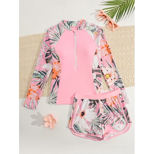 Kinder Mädchen Badeanzug Outdoor Strand Grafik Blatt Urlaub Tropisch Sport Badeanzüge Ab 4 Jahren Sommer Blau Schwarz Image