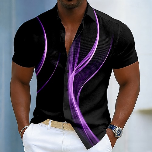 Herren Geometrisch Farbverlauf Linien / Wellen Hemd Knopfhemd Kurzarm Modisch lässig Täglich Outdoor Urlaub Sommer Frühling Umlegekragen 3D-Druck Leinenähnliches Hemd Schwarzes Gold Schwarz / Violett Image