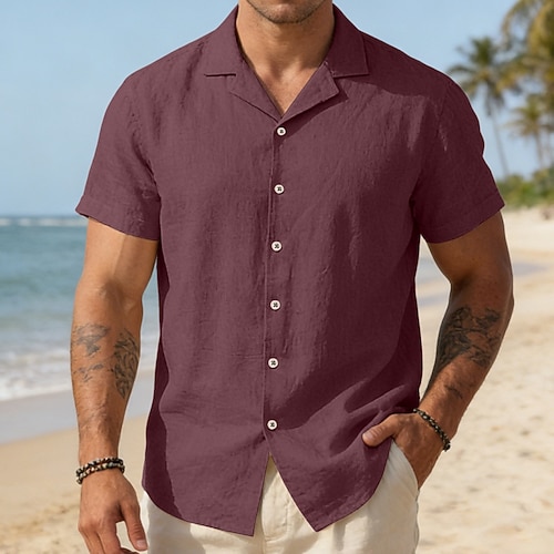 Herren Hemd Leinenhemd Knopfhemd Einfarbig Lässig Urlaub Schwarz Weiß Wein Marineblau Kurzarm Umlegekragen Sommer Frühling Bekleidung Tasche Image