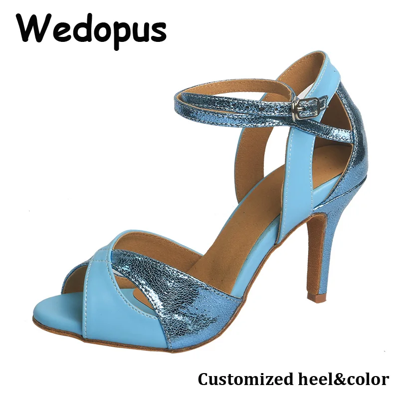Maßgeschneiderte Ferse Latin Dance Schuhe Blau Ballsaal Damen Schuhe Frauen Schuhe Salsa Tanzen Schuhe Bequem Wedopus