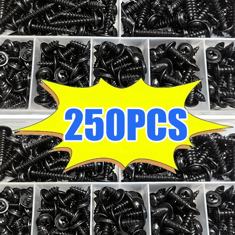 250-teiliges selbstschneidendes Schraubenset – M3/M3,5/M4 Größen, Flachkopf mit Kreuzschlitz, aus schwarzem Kohlenstoffstahl für Holzmöbel Image