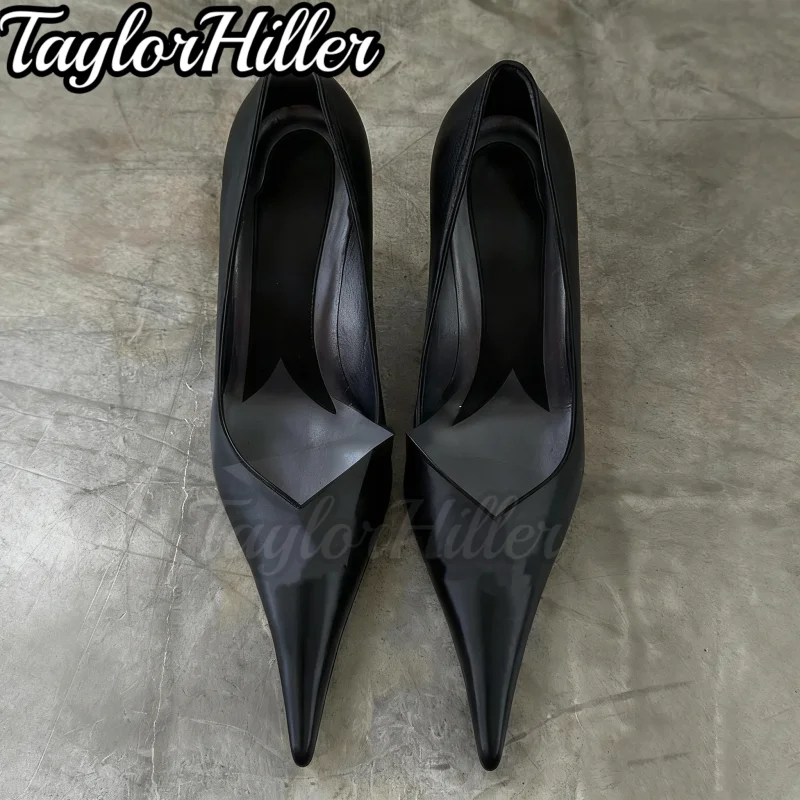 Vintage schwarze Mode Pumps spitze Zehen Pull On Slip On Designer High Heels Lederschuhe klassische Frühling Herbst Cover Heel Schuh